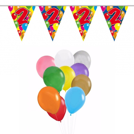 Verjaardag 2 jaar feest thema set 50x ballonnen en 2x leeftijd print vlaggenlijnen