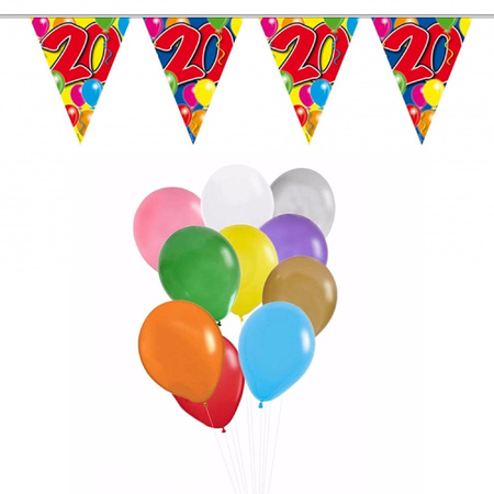 Verjaardag 20 jaar feest thema set 50x ballonnen en 2x leeftijd print vlaggenlijnen