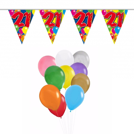 Verjaardag 21 jaar feest thema set 50x ballonnen en 2x leeftijd print vlaggenlijnen