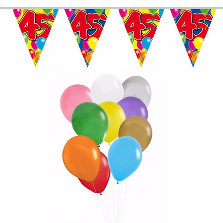 Verjaardag 45 jaar feest thema set 50x ballonnen en 2x leeftijd print vlaggenlijnen