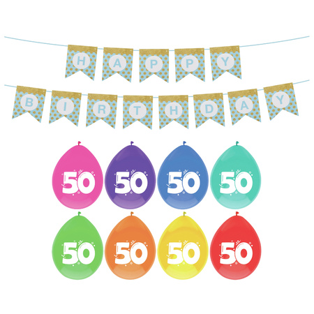 Verjaardag 50 jaar geworden versiering - 16x thema ballonnen - 1x Happy Birthday slinger 300 cm