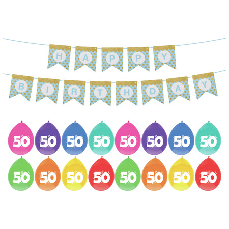 Verjaardag 50 jaar geworden versiering - 32x thema ballonnen - 1x Happy Birthday slinger 300 cm