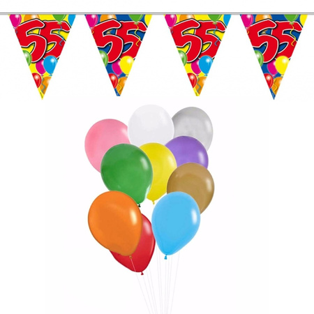 Verjaardag 55 jaar feest thema set 50x ballonnen en 2x leeftijd print vlaggenlijnen