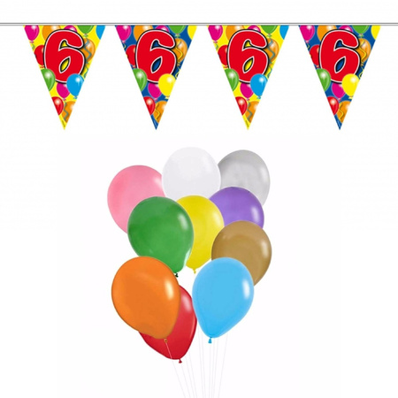 Verjaardag 6 jaar feest thema set 50x ballonnen en 2x leeftijd print vlaggenlijnen