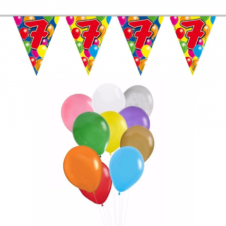 Birthday deco set 7 years 50x balloons and 2x bunting flags 10 meters