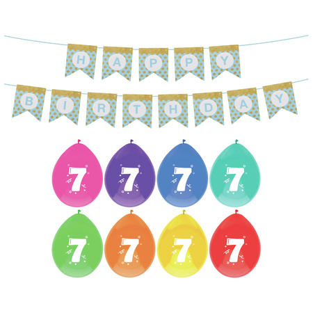 Verjaardag 7 jaar geworden versiering - 16x thema ballonnen - 1x Happy Birthday slinger 300 cm