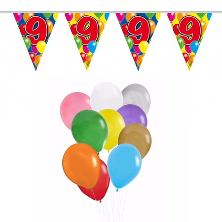 Verjaardag 9 jaar feest thema set 50x ballonnen en 2x leeftijd print vlaggenlijnen