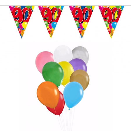 Verjaardag 90 jaar feest thema set 50x ballonnen en 2x leeftijd print vlaggenlijnen