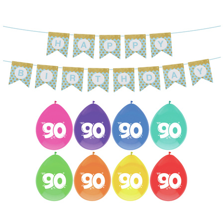 Verjaardag 90 jaar geworden versiering - 16x thema ballonnen - 1x Happy Birthday slinger 300 cm