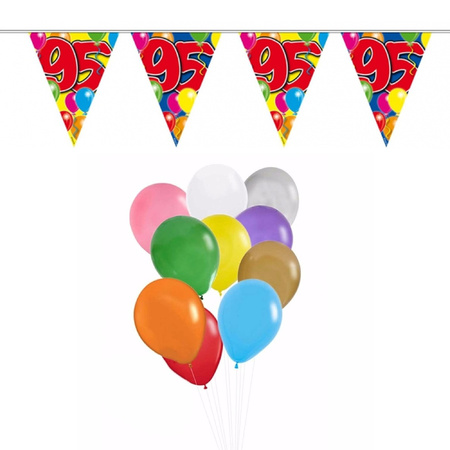 Verjaardag 95 jaar feest thema set 50x ballonnen en 2x leeftijd print vlaggenlijnen