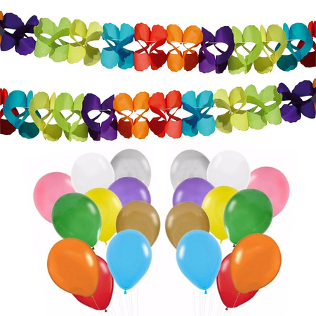 Verjaardag ballonnen 100x stuks met 3x stuks gekleurde feestslingers