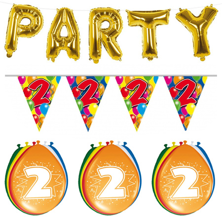 Verjaardag feestversiering 2 jaar PARTY letters en 16x ballonnen met 2x plastic vlaggetjes