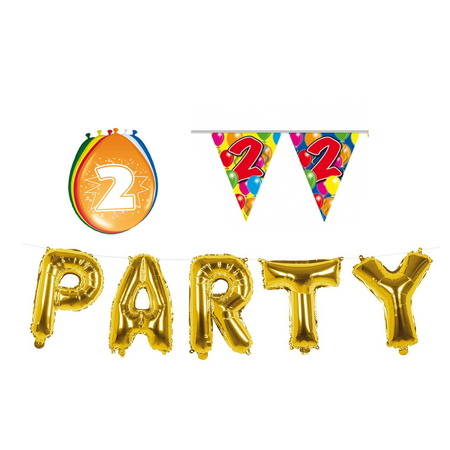 Verjaardag feestversiering 2 jaar PARTY letters en 16x ballonnen met 2x plastic vlaggetjes