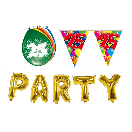 Verjaardag feestversiering 25 jaar PARTY letters en 16x ballonnen met 2x plastic vlaggetjes