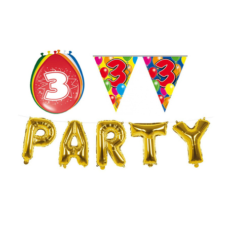 Verjaardag feestversiering 3 jaar PARTY letters en 16x ballonnen met 2x plastic vlaggetjes