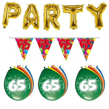 Verjaardag feestversiering 65 jaar PARTY letters en 16x ballonnen met 2x plastic vlaggetjes