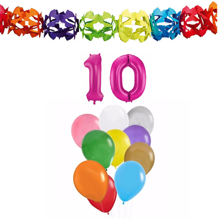 Verjaardag versiering pakket 10 jaar - opblaascijfer/slinger/ballonnen