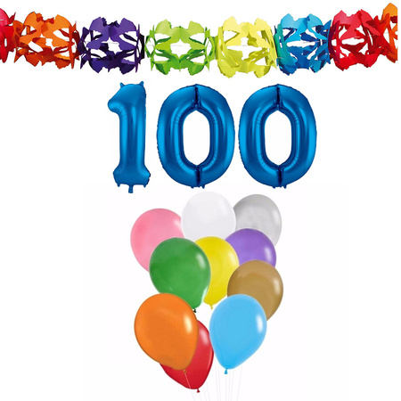 Verjaardag versiering pakket 100 jaar - opblaascijfer/slinger/ballonnen