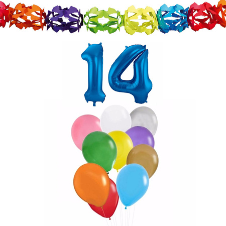 Verjaardag versiering pakket 14 jaar - opblaascijfer/slinger/ballonnen