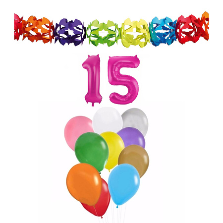 Verjaardag versiering pakket 15 jaar - opblaascijfer/slinger/ballonnen