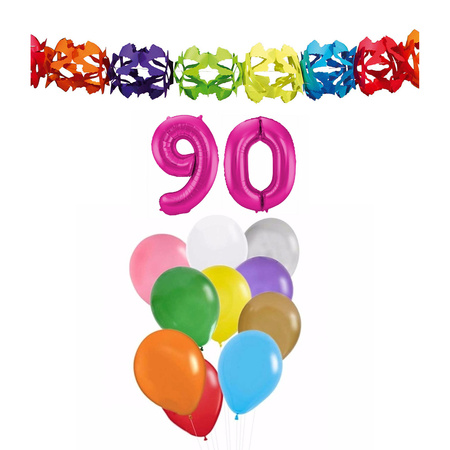 Verjaardag versiering pakket 90 jaar - opblaascijfer/slinger/ballonnen