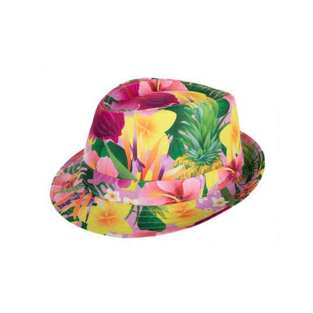 Hawaii thema party verkleedset - Hoedje Tropical print - bloemenkrans roze mix- Tropical toppers