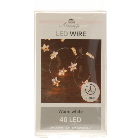 Silver LED wire stars with timer warm white 2 meter