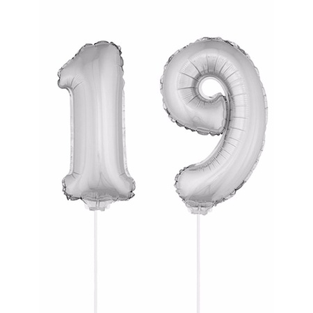 Inflatable silver foil balloon number 19 on stick