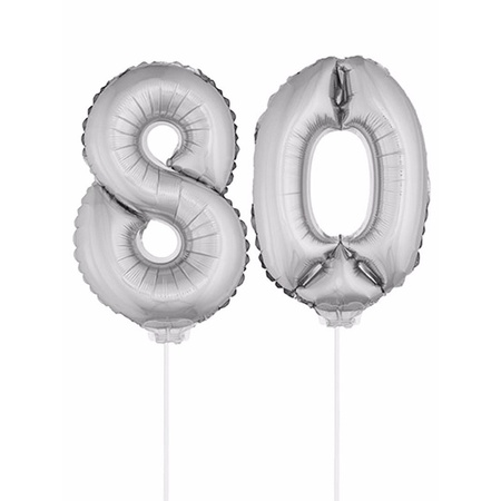 Inflatable silver foil balloon number 80 on stick